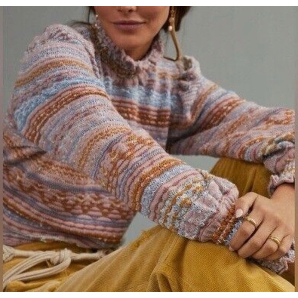 Anthropologie Cecilia Prado Pink Striped Metallic Knit Puff Sleeve Sweater XL - Picture 2 of 9